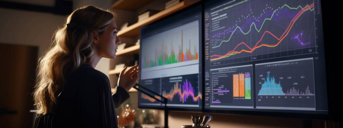 Businesswoman looking at two monitors to review a Pareto chart along with other data