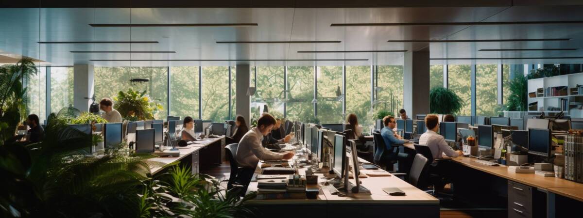 A team working in an office with plants at long desks with computers analyzing the utilization of resources.