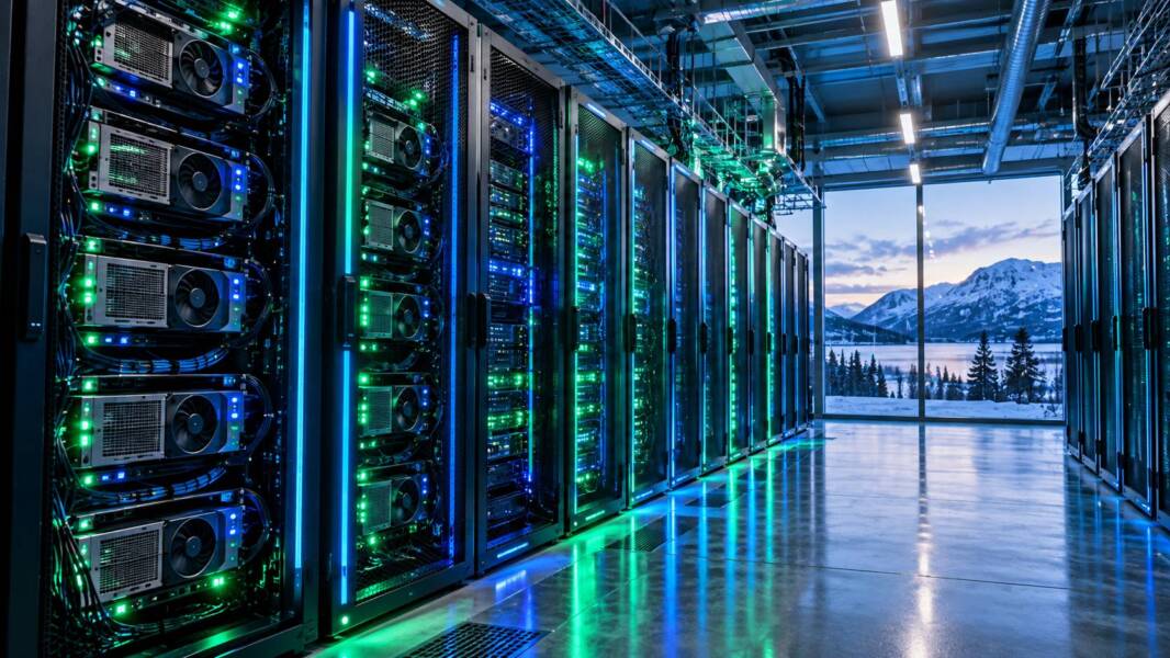 AMD AI supercomputer concept with GPU server racks illuminated in blue and green inside a Swedish data center.