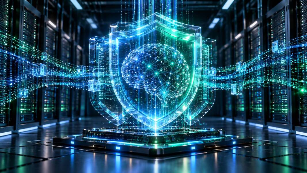 Open-weight AI security concept showing a glowing neural network protected by a digital shield inside a modern data center.