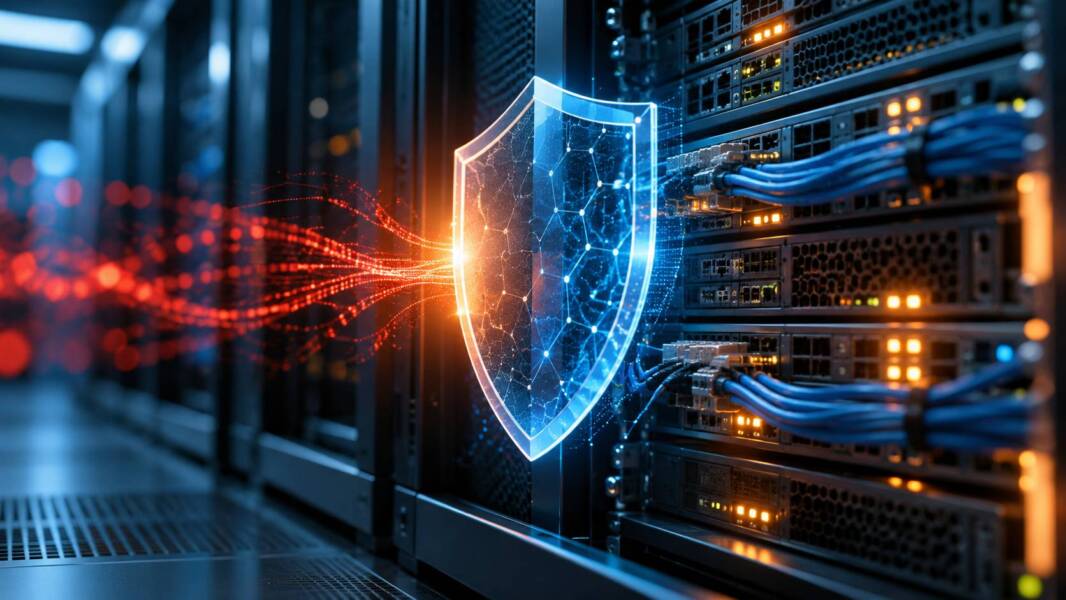 A glowing cybersecurity shield protecting web servers from incoming malicious network traffic in a dark data center.