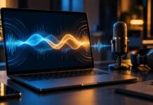 Dessa Voice AI: How Block’s Speech-Only Model Could Change Real-Time Conversations Conceptual illustration of real-time AI speech waveforms on a laptop beside a microphone and headphones in a modern workspace.