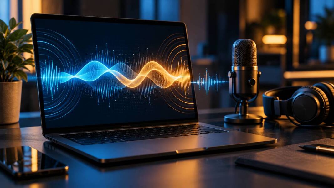 Conceptual illustration of real-time AI speech waveforms on a laptop beside a microphone and headphones in a modern workspace.