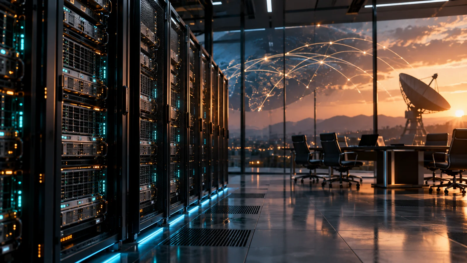 Modern AI data center with illuminated server racks and satellite communications infrastructure, illustrating SpaceX's reported $40 billion AI financing arrangement.