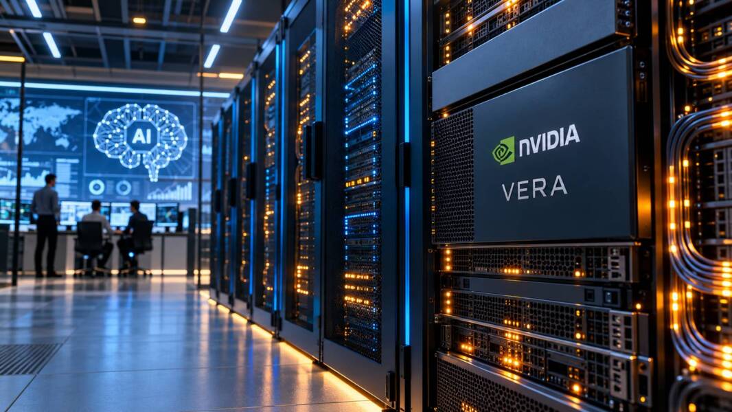 NVIDIA Vera AI computing infrastructure inside a modern data center with advanced server technology.