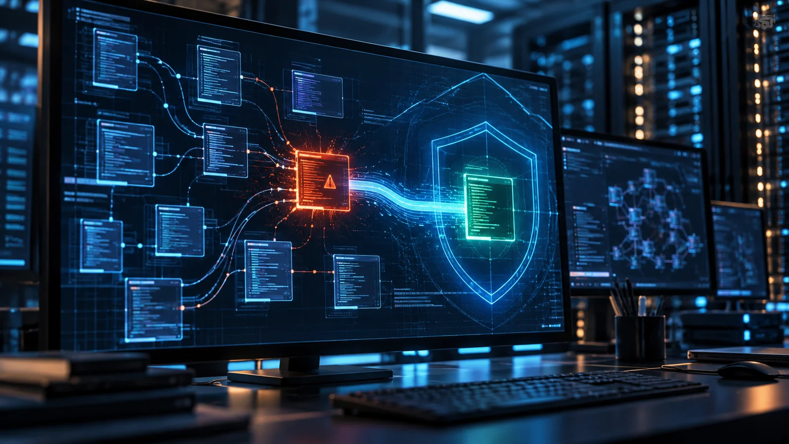 AI-assisted cybersecurity engineering workstation showing software vulnerability analysis and a protected code module inside a digital shield.