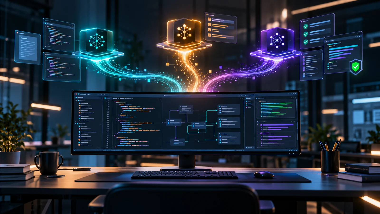 Editorial illustration of a software development workstation with three AI model nodes routing code-generation, analysis and review tasks.