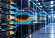 Oracle Acceleron Networking: How RDMA and Smart Failover Could Improve AI Cloud Reliability Data center network racks with blue and amber data paths rerouting around a failed connection, illustrating resilient AI cloud networking.