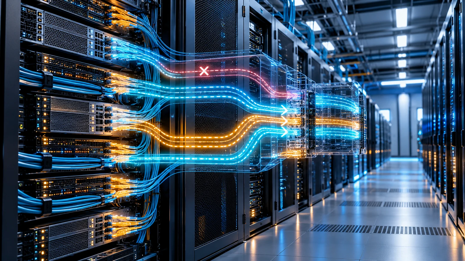 Data center network racks with blue and amber data paths rerouting around a failed connection, illustrating resilient AI cloud networking.