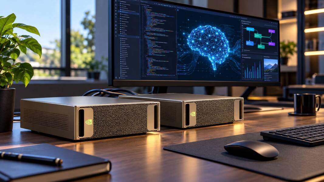 Two compact AI computing systems connected together on a developer workstation, illustrating clustered local AI processing.