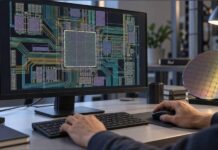 Cadence Maestro AI Models Bring Specialized Agents to Chip Design: What Engineers Should Know Conceptual semiconductor design workstation with a microchip and detailed electronic design layouts illustrating AI-assisted chip engineering.