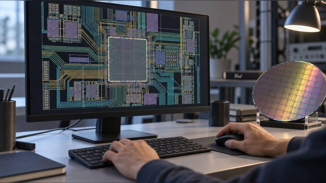 Conceptual semiconductor design workstation with a microchip and detailed electronic design layouts illustrating AI-assisted chip engineering.